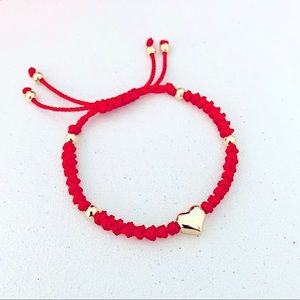 Stainless Steel Golden Puffed Heart Adjustable Macrame Bracelet Red